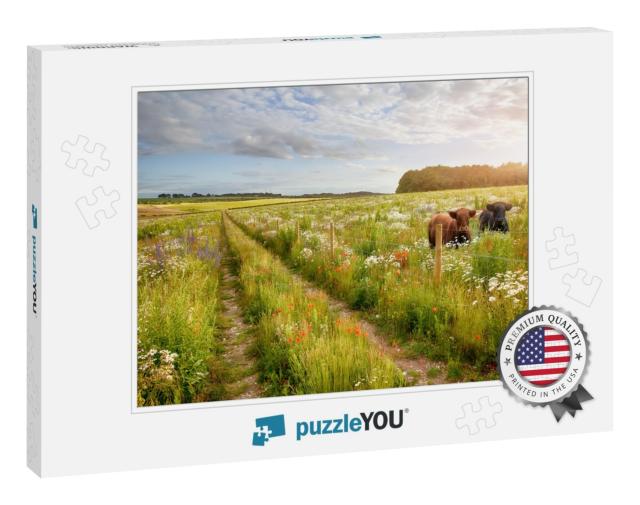 Wild Flower Meadow with Two Beautiful Cows & a Track & Ba... Jigsaw Puzzle