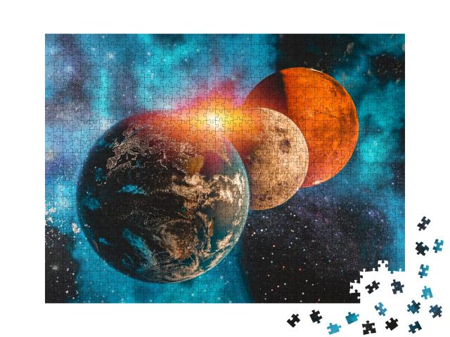 Puzzle 1000 Teile „3D: Raumfahrt, Sonnensystem, Milchstraße, Erde, Mond und Mars“