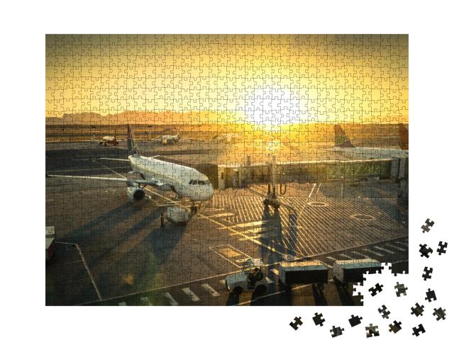 Puzzle 1000 Teile „Flugzeug am Flugsteig bereit zum Start“