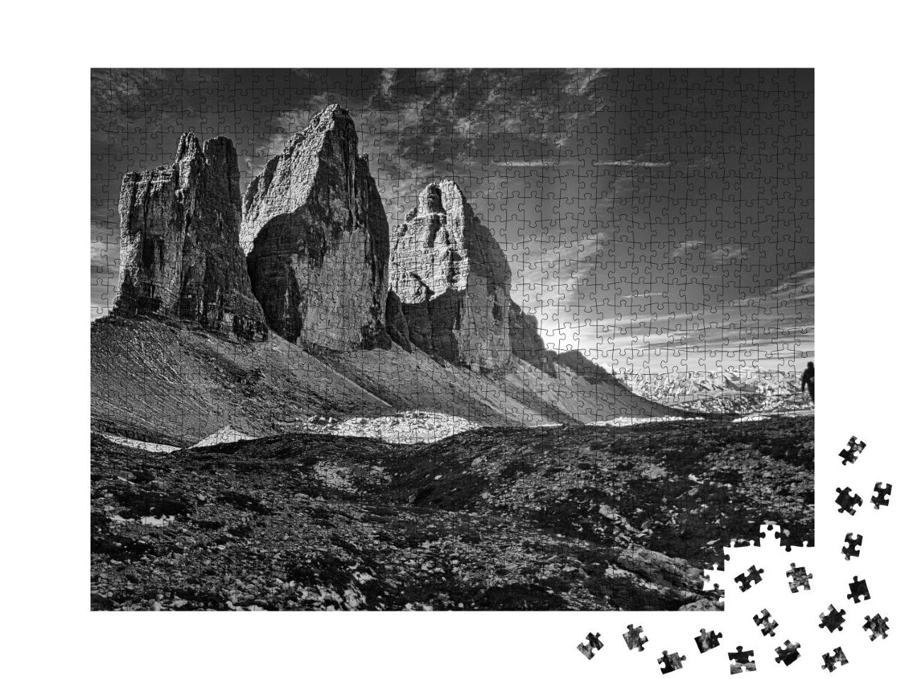 Puzzle 1000 Teile „Drei Zinnen, Sextener Dolomiten, schwarz-weiß“