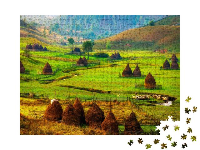 Puzzle 1000 Teile „Nebel an einem Morgen im Herbst: Berglandschaft Fundatura Ponorului, Rumänien“