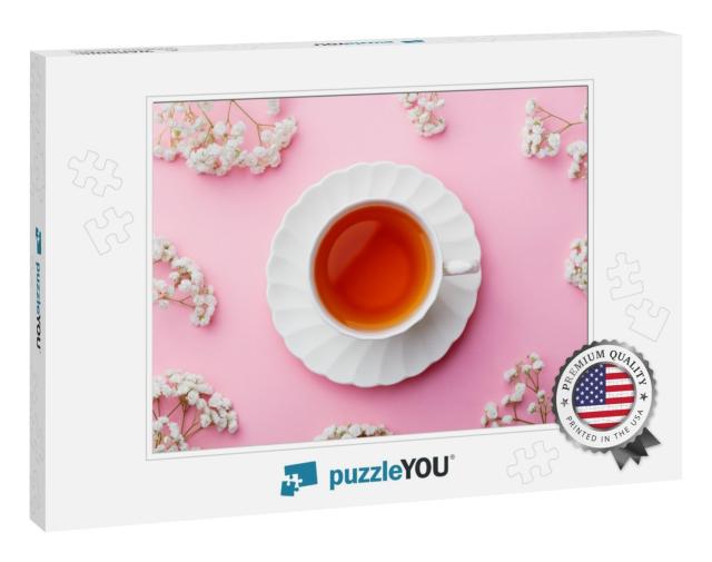 Cup of Tea with Fresh Flowers on Pink Background. Top Vie... Jigsaw Puzzle