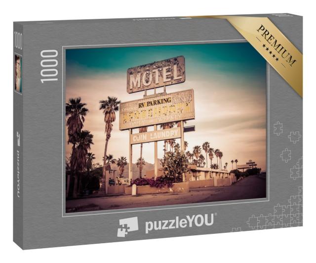Puzzle 1000 Teile „Roadside Motel-Zeichen inmitten der Wüste, USA“