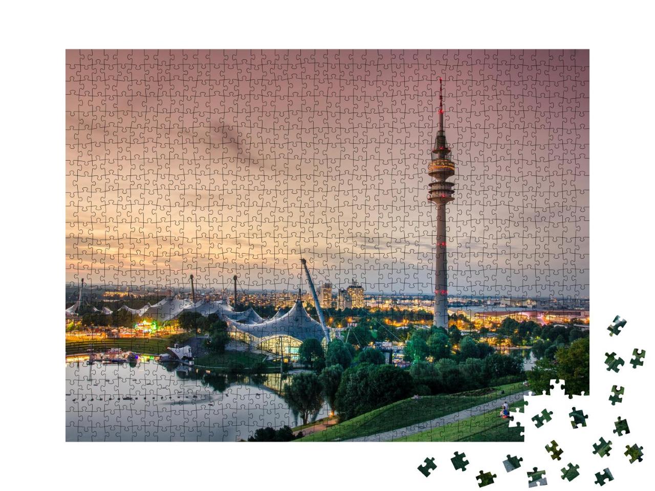 Puzzle 1000 Teile „Sonnenuntergang im Olympiapark München - Munhen Sonnenuntergang Panorama“
