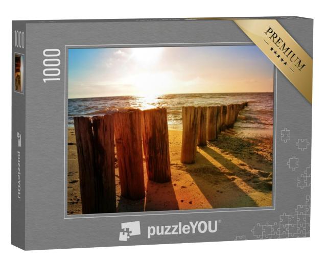 Puzzel 1000 stukjes „Houten kribben op het Noordzeestrand bij zonsondergang“