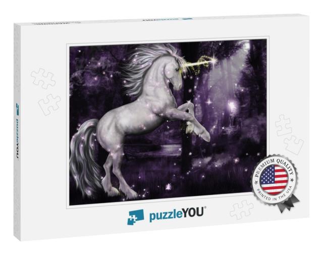 A Unicorn Surrounded by Magic Dancing At Night in the Moo... Jigsaw Puzzle