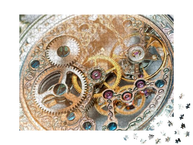 Puzzle 1000 Teile „Nahaufnahme eines schönen alten Uhrenwerks, Uhrmechanismus“