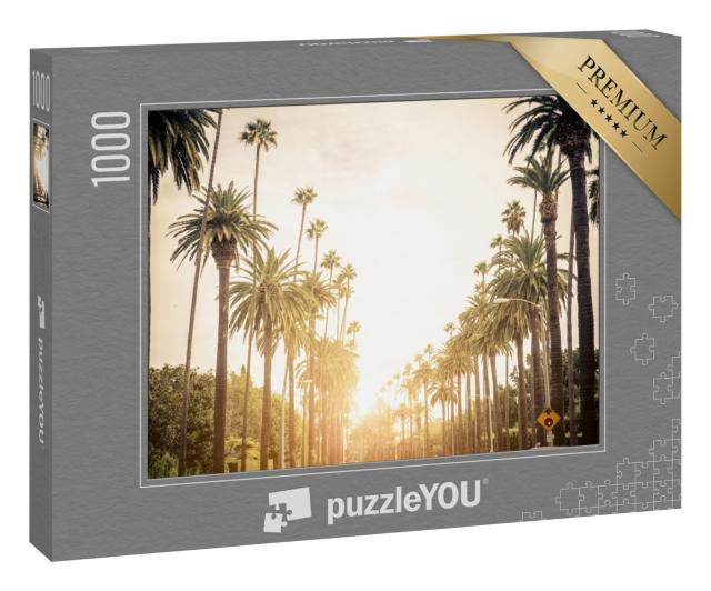 Puzzle 1000 Teile „Beverly Hills Straße mit Palmen bei Sonnenuntergang, Los Angeles“