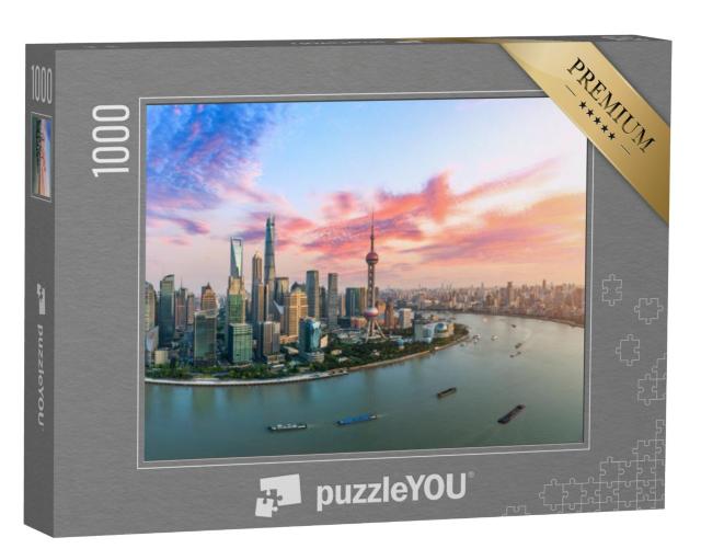 Puzzel 1000 stukjes „Luchtfoto van de skyline van Shanghai in het avondlicht“