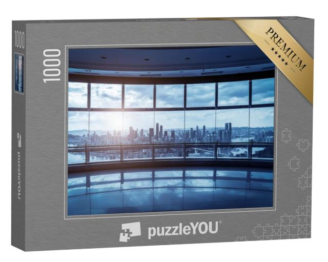 Puzzel 1000 stukjes „Glazen kantoorgebouw met skyline van de stad“