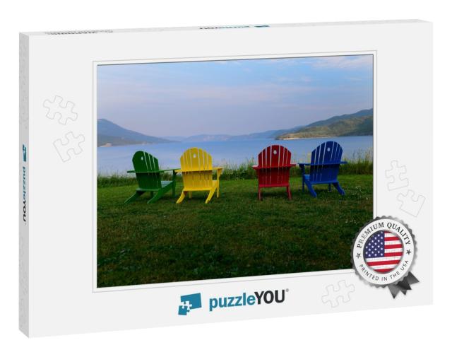 A Green, Yellow, Red & Blue Empty Adirondack Chairs At th... Jigsaw Puzzle