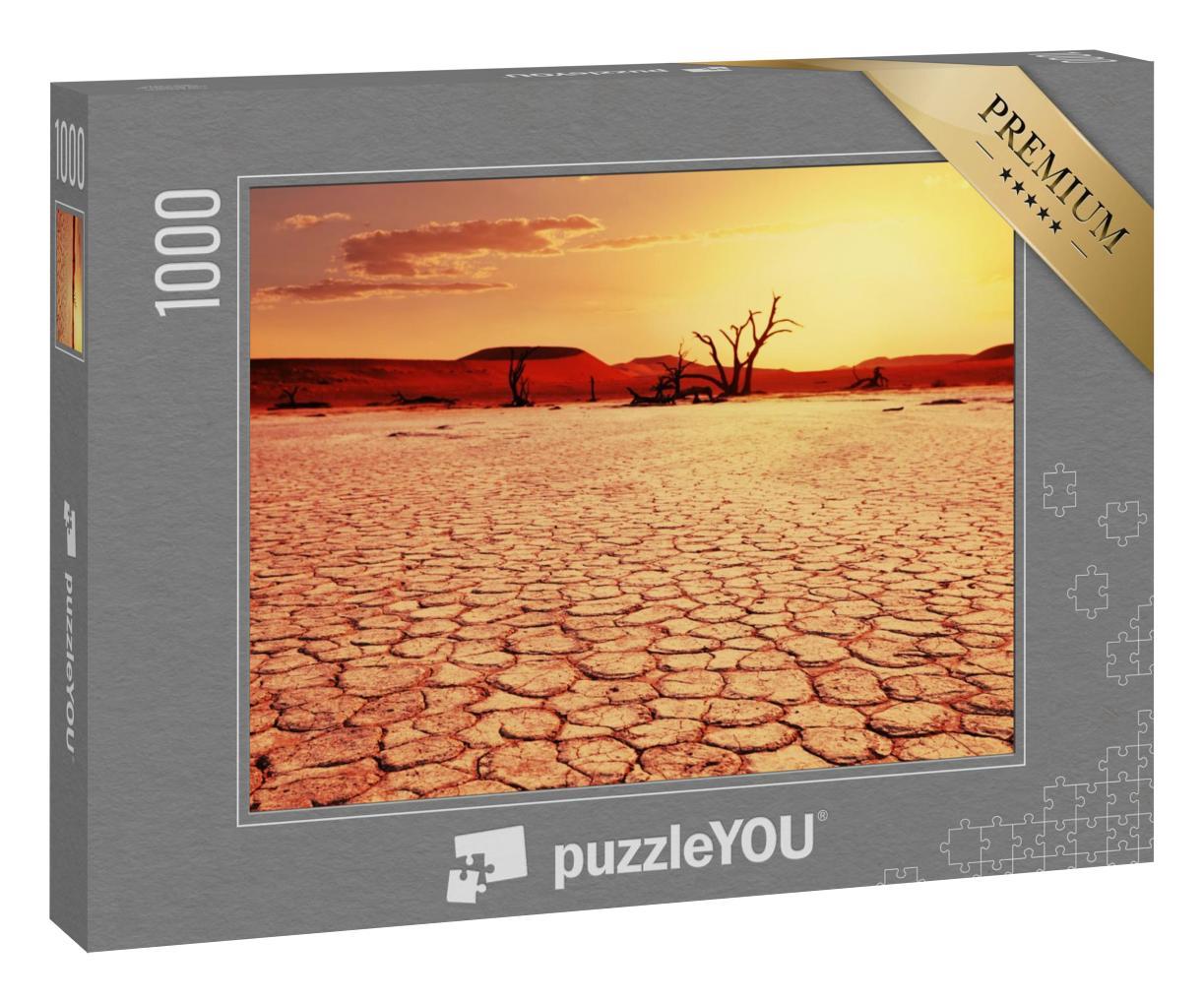 Puzzle 1000 Teile „Totes Tal in Namibia, vertrocknete Bäume, Boden aus Stein“