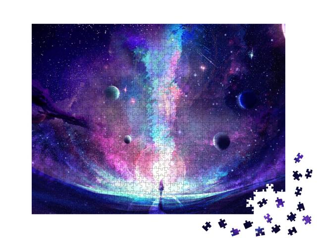 Puzzle 1000 Teile „Frau steht vor mehrfarbigem Nebel mit Sternen und Planeten“
