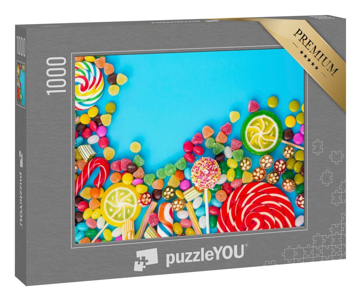 Puzzle 1000 Teile „Bunte Bonbons, Cakepops, Smarties und Gummibärchen auf blauem Hintergrund“