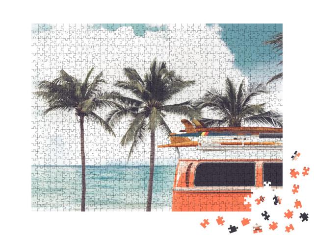 Puzzle 1000 Teile „Surfausflug: Oldtimer-Bus am Palmenstrand“