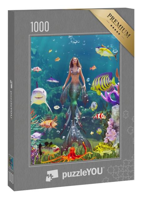 Puzzle 1000 Teile „Digitale Kunst: Meeresnymphe in der bunten Unterwasserwelt“