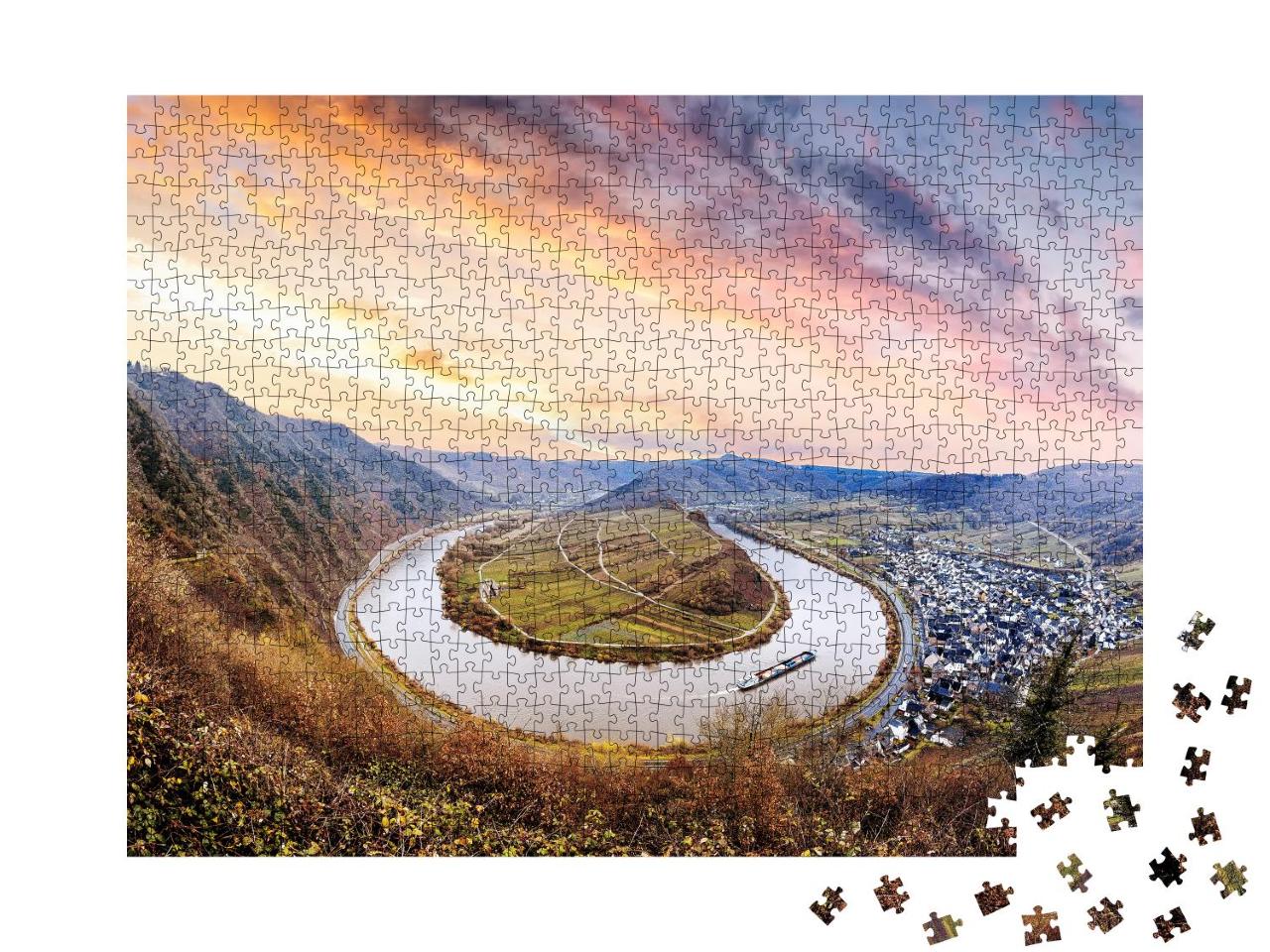 Puzzle 1000 Teile „Sonnenaufgang an der Moselschleife bei Bremm, Deutschland“