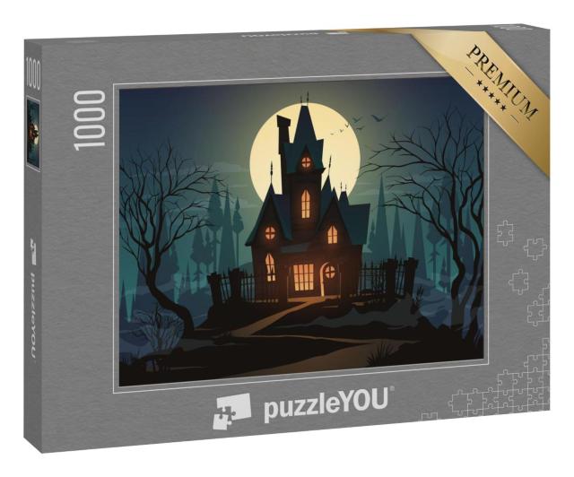Puzzle 1000 Teile „Illustration: Dunkles Halloween-Haus mit Mond“