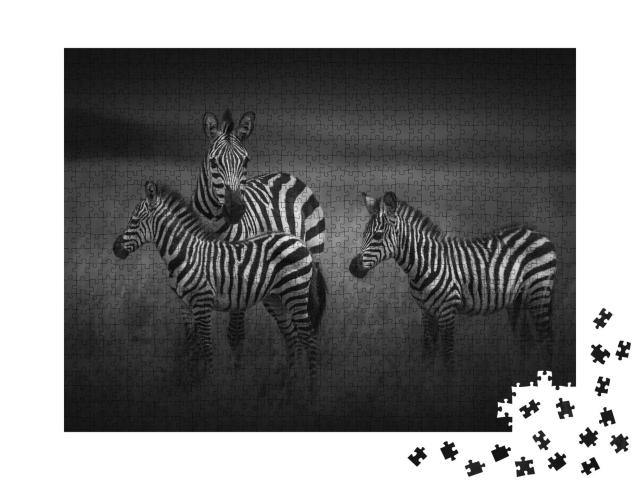 Puzzle 1000 Teile „Zebra-Mutter mit zwei Jungtieren im Serengeti-Nationalpark, Tansania“