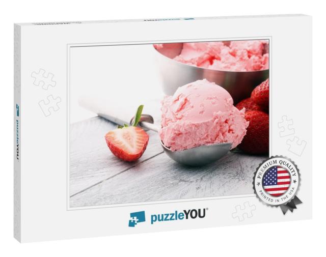 Delicious Strawberry Ice Cream Scoop with Fresh Strawberr... Jigsaw Puzzle
