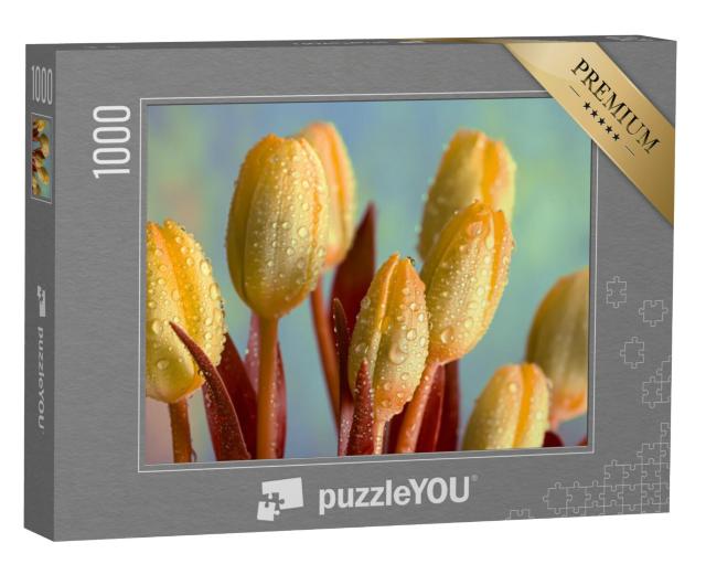 Puzzel 1000 stukjes „Gele tulpen met waterdruppels en bloemknoppen“