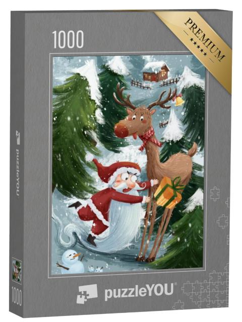 Puzzel 1000 stukjes „Grappige kerstillustratie met kerstman, rendier en sneeuwpop“