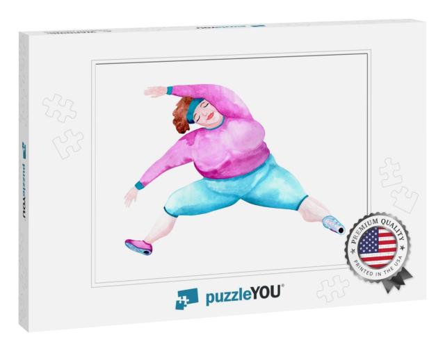 Watercolor Cute Cartoon Fat Stretching Yoga Woman... Jigsaw Puzzle
