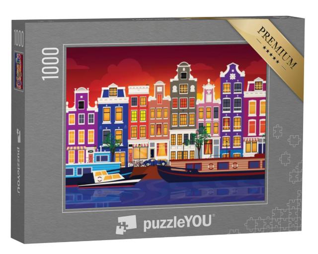 Puzzel 1000 stukjes „Vectorillustratie van de kleurrijke huizen van Amsterdam“