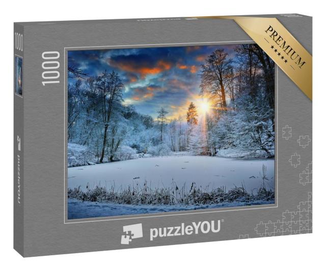 Puzzle 1000 Teile „Spektakulärer Sonnenuntergang über dem Winterwaldsee“