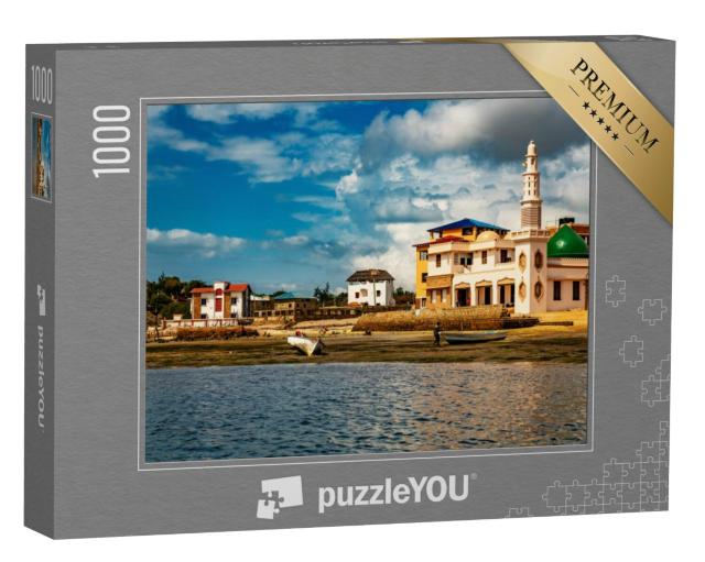 Puzzel 1000 stukjes „Huizen en Riyadha moskee gemaakt van platte bakstenen van koraal, Kenia, Afrika“