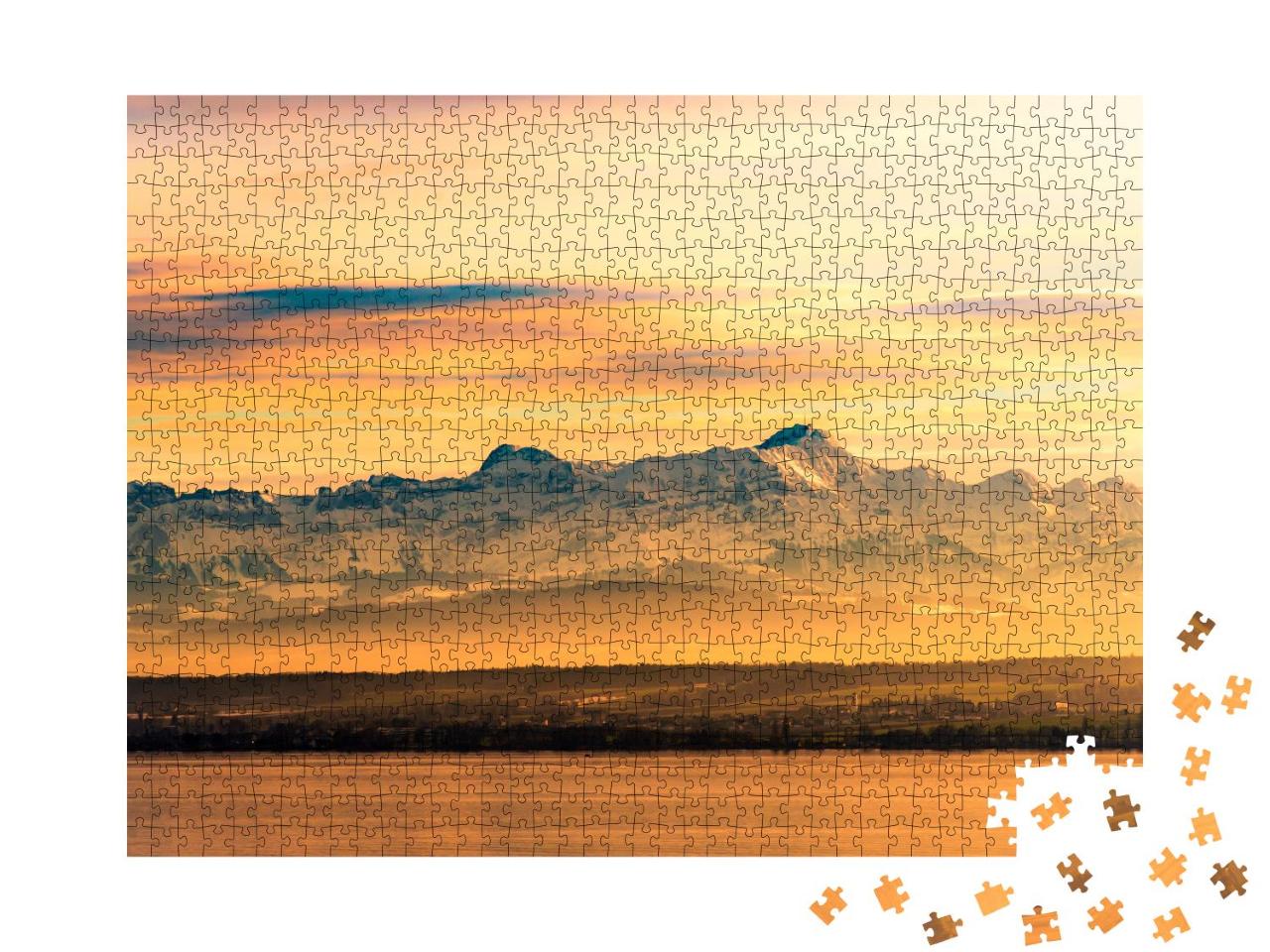 Puzzle 1000 Teile „Abendleuchten am Bodensee mit Schweizer Alpen im Hintergrund“