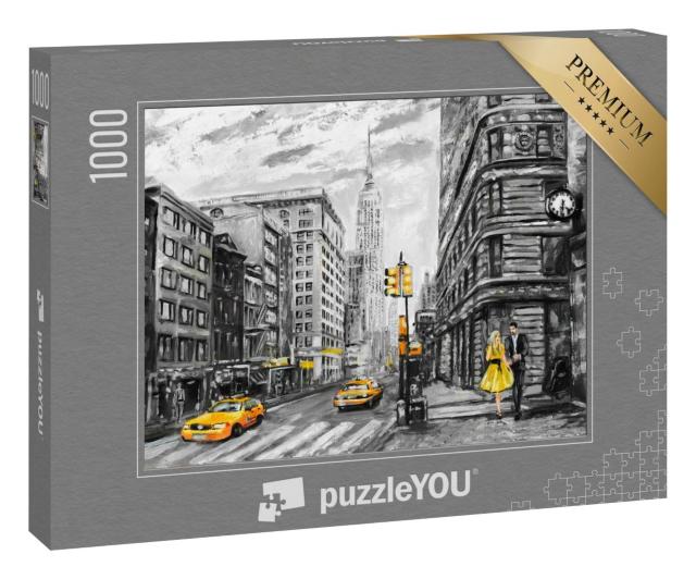 Puzzle 1000 Teile „Mann, Frau und gelbes Taxi: Ölgemälde mit Straßenansicht aus New York“