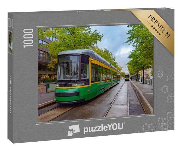 Puzzle 1000 Teile „Finnland, moderne Straßenbahn auf der Straße von Helsinki“