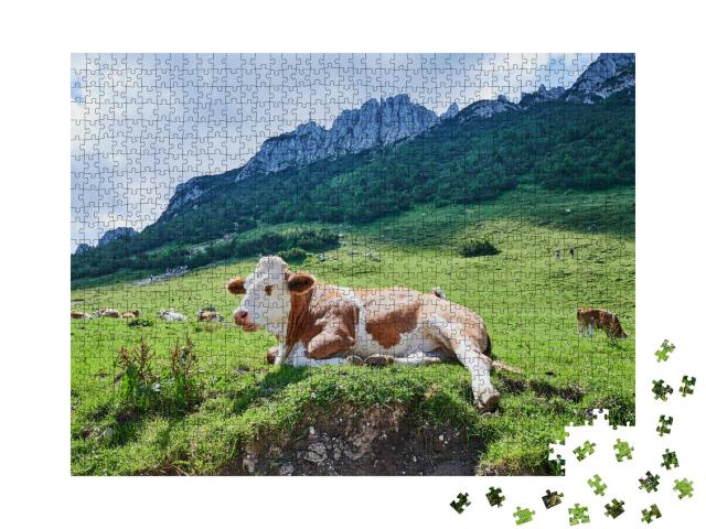 Puzzle 1000 Teile „Kuh vor der berühmten Kampenwand, Bayern, Deutschland“