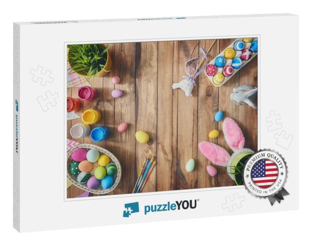 Happy Easter! Background with Colorful Eggs in Basket. Ta... Jigsaw Puzzle