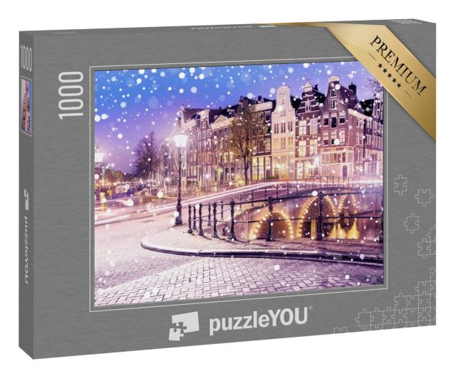 Puzzle 1000 Teile „Amsterdam in einer verschneiten Winternacht, Niederlande“