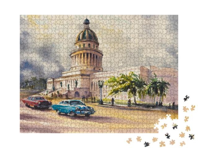 Puzzle 1000 Teile „Alte amerikanische Oldtimer fahren vor dem Capitol, Havanna, Kuba“
