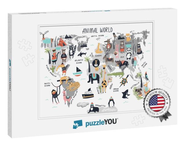 Animal World Map - Cute Cartoon Hand Drawn Nursery Print... Jigsaw Puzzle