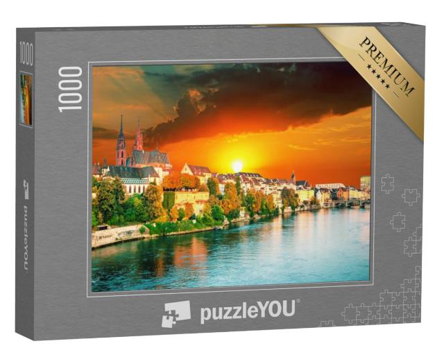 Puzzel 1000 stukjes „Zonsondergang over de oude stad Bazel aan de Rijn, Zwitserland“