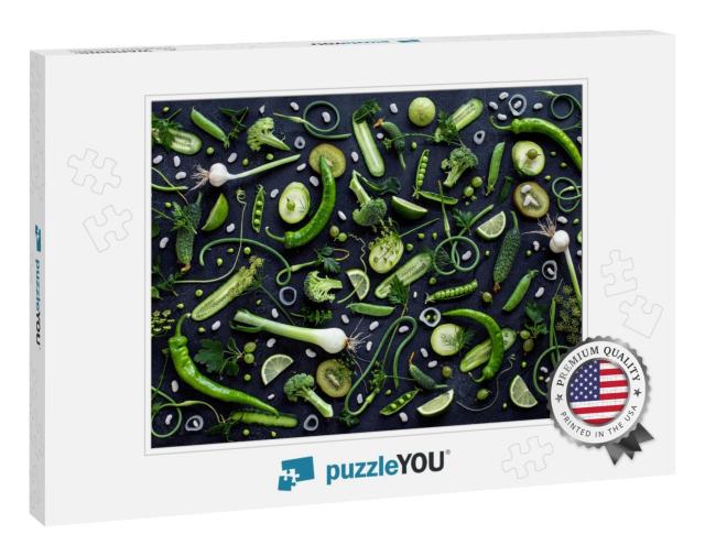 Collection of Fresh Green Fruit & Vegetables on the Black... Jigsaw Puzzle