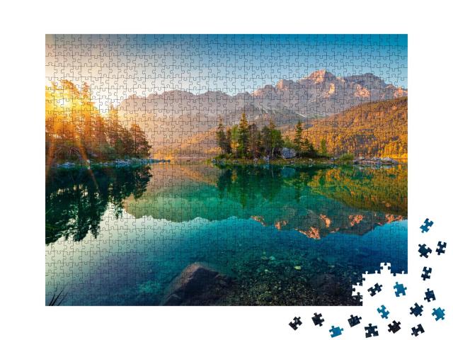 Puzzle 1000 Teile „Beeindruckender Sommer-Sonnenaufgang am Eibsee mit Zugspitze“