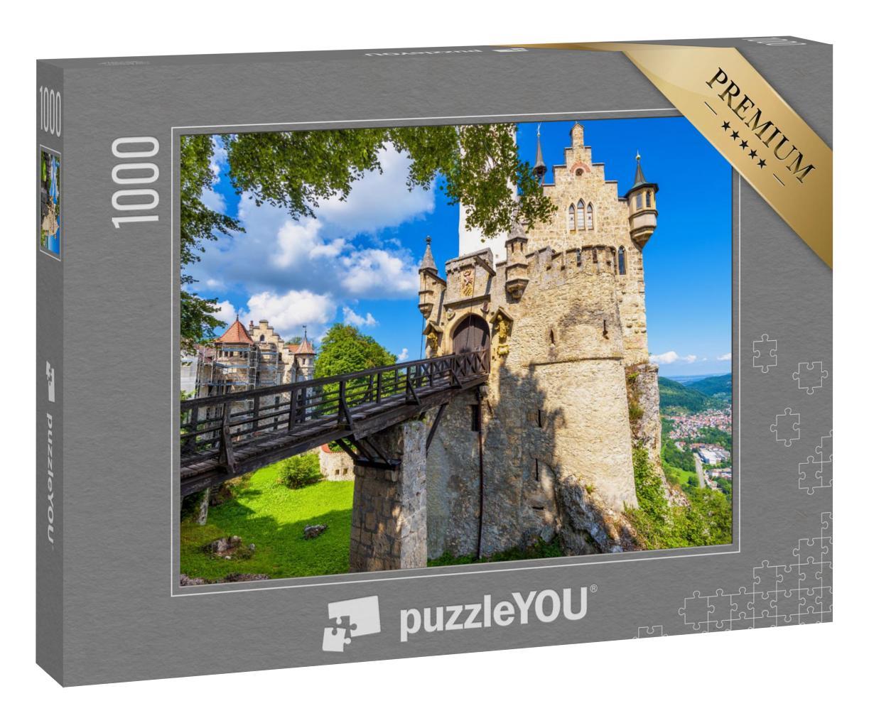 Puzzle 1000 Teile „Schloss Lichtenstein mit Holzbrücke, Deutschland“