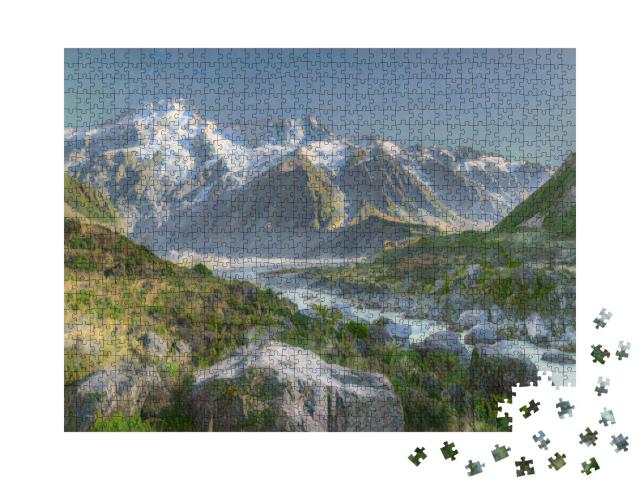 Puzzle 1000 Teile „im Kunst-Stil von Claude Monet - Hooker Valley Track mit dem schneebedeckten Berg Sefton Mont“