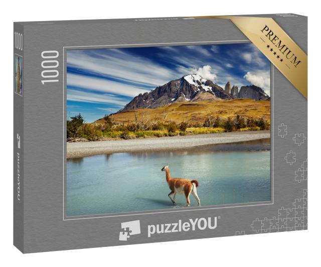 Puzzle 1000 Teile „Guanako beim Überqueren des Flusses im Torres del Paine, Patagonien, Chile“