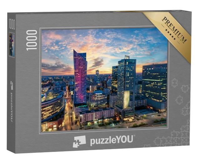 Puzzel 1000 stukjes „Wolkenkrabbers van Warschau bij zonsondergang, Polen“