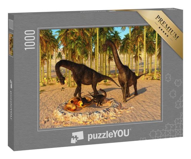 Puzzle 1000 Teile „Dinosaurier-Baby: Nest mit 3D-Illustration, Brachiosaurus-Eltern und Dino-Eier“