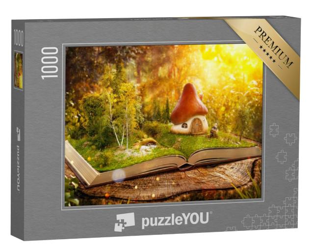 Puzzel 1000 stukjes „Digitale kunst: Magisch paddenstoelenhuis in een betoverd woud van boeken“