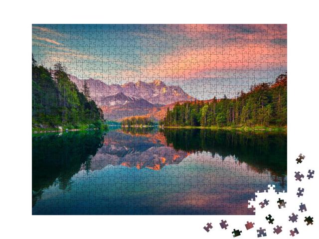 Puzzle 1000 Teile „Beeindruckender Sonnenaufgang am Eibsee mit Zugspitze, Deutschland“