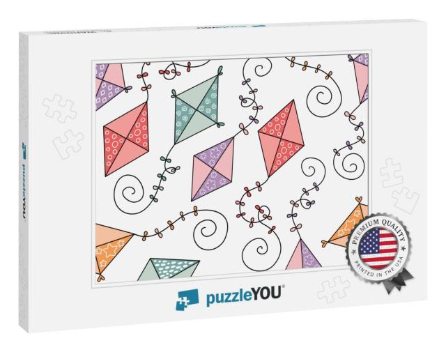 Seamless Vector Pattern with Cute Hand Drawn Flying Kites... Jigsaw Puzzle