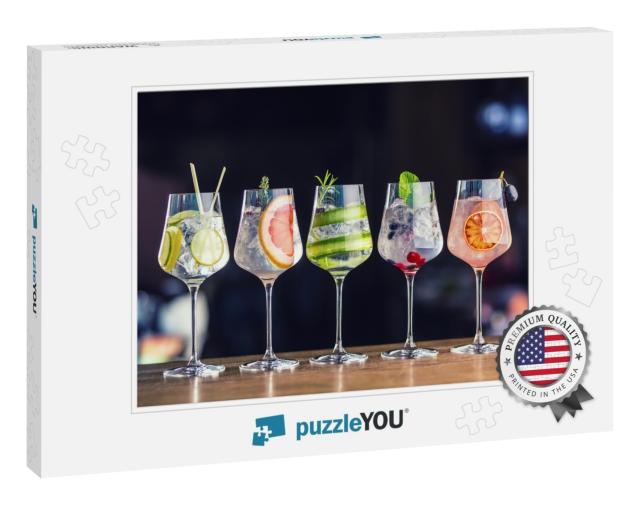 Five Colorful Gin Tonic Cocktails in Wine Glasses on Bar... Jigsaw Puzzle